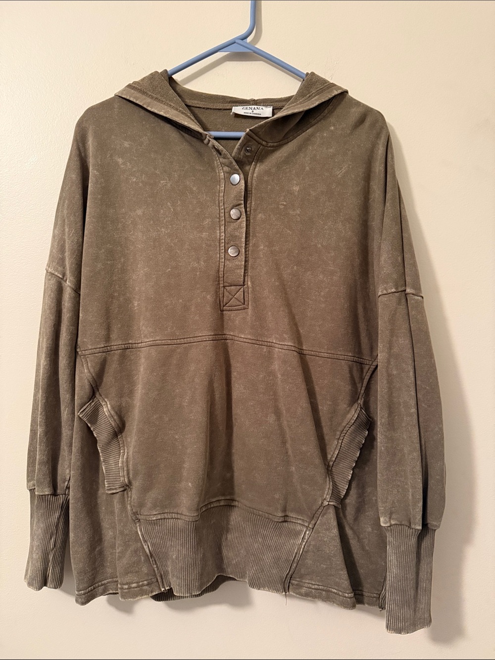 Zenana Outfitters Olive Hooded Pullover with Snap Placket